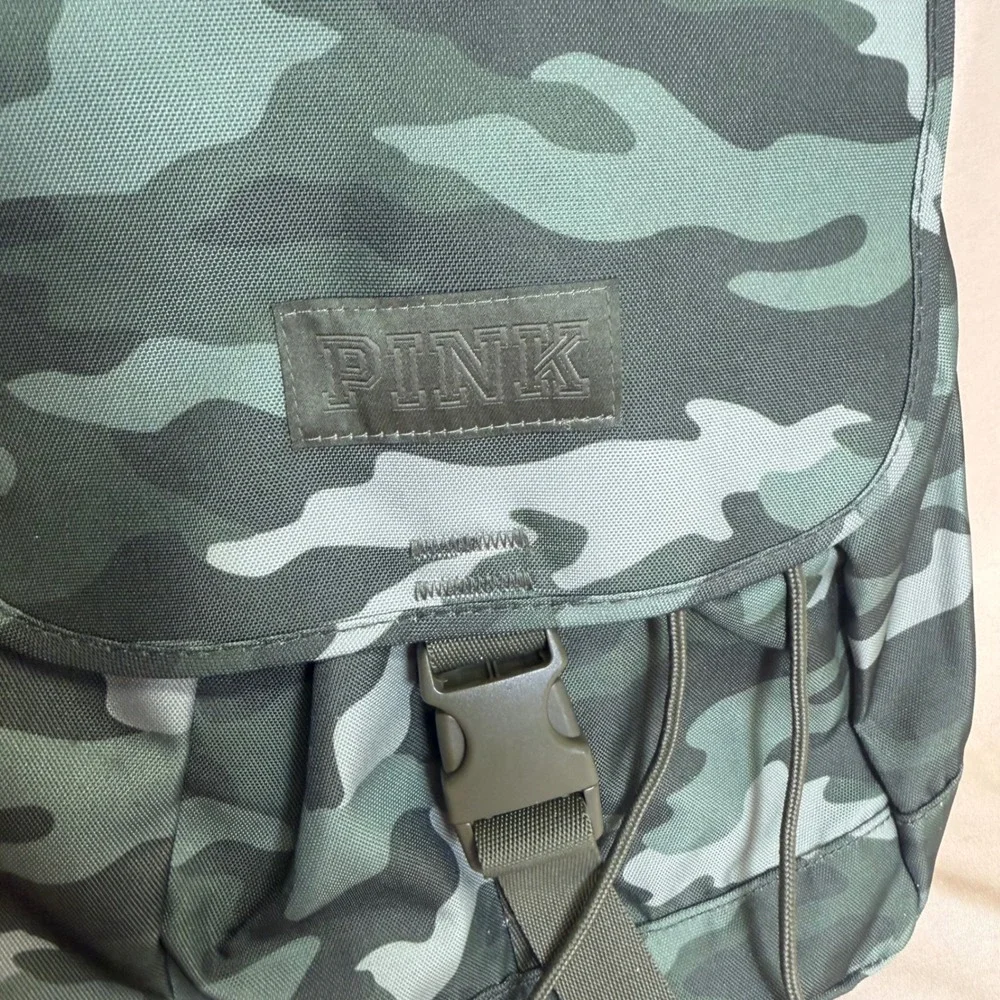 Victoria's Secret PINK Mini Backpack Green Camo Canvas Drawstring Buckle Bag